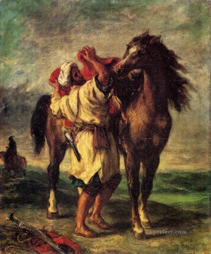 horse cats Painting - Ferdinand Victor Eugene A Moroccan Saddling A Horse Romantic Eugene Delacroix
